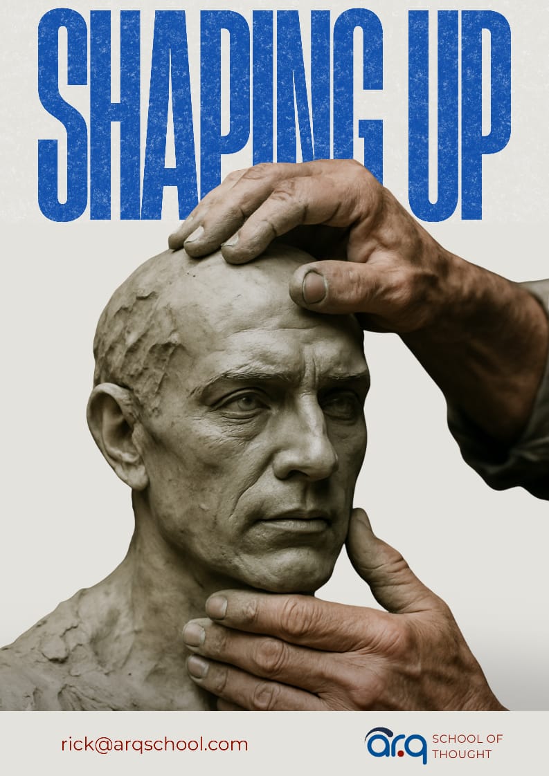 Shaping Up course poster showing a sculptor's hands shaping a clay bust of a man